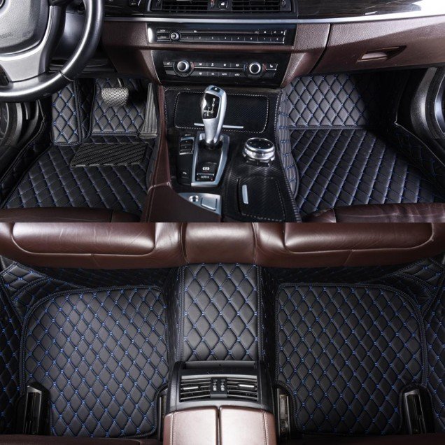 Cheap Black and Blue Stitching Luxury Leather Diamond Car Mats UK Cheap Black and Blue Stitching Luxury Leather Diamond Car Mats UK