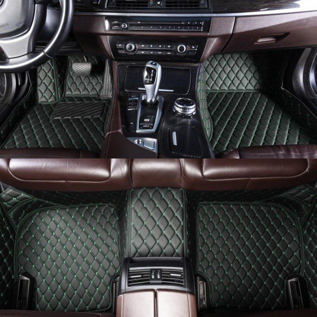 Cheap Black and Green Stitching Luxury Leather Diamond Car Floor Mats UK Cheap Black and Green Stitching Luxury Leather Diamond Car Floor Mats UK