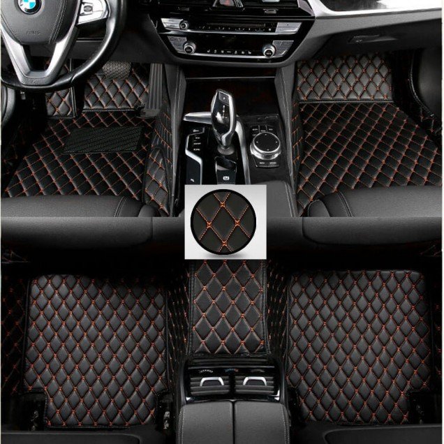 Cheap Black and Orange Stitching Luxury Leather Diamond Car Floor Mats UK Cheap Black and Orange Stitching Luxury Leather Diamond Car Floor Mats UK