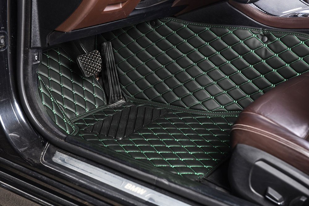 Cheap Black and Green Stitching Luxury Leather Diamond Car Mats UK